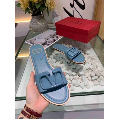 Valentino VLogo Signature Flat Slides In Blue Calfskin
