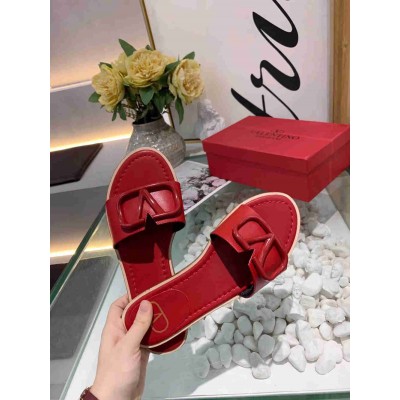 Valentino VLogo Signature Flat Slides In Red Calfskin