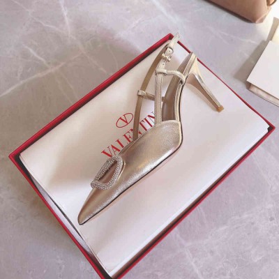Valentino Vlogo Slingback Pumps 80mm In Platinum Lambskin