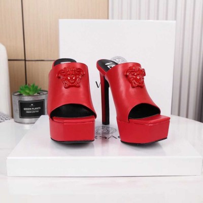 Versace La Medusa Platform Mules In Red Calfskin