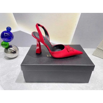 Versace La Medusa Slingback Pumps In Red Satin