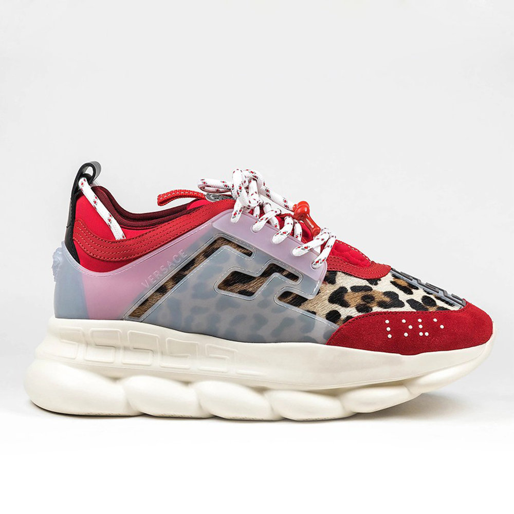 Versace Red Chain Reaction Sneakers With Leopard Print
