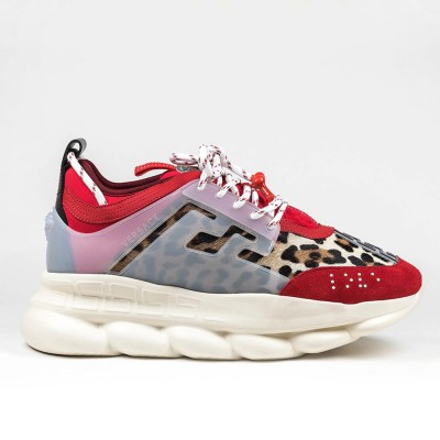 Versace Red Chain Reaction Sneakers With Leopard Print