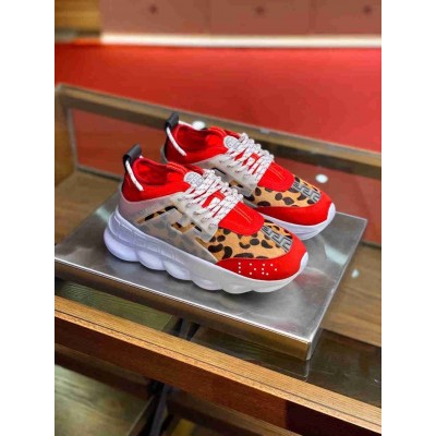 Versace Red Chain Reaction Sneakers With Leopard Print