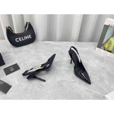 Versace Safety Pin Slingback Pumps In Black Patent Leather
