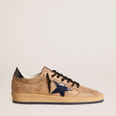 Golden Goose Ball Star Sneakers In Beige Leather With Blue Patent Leather Star And Heel Tab