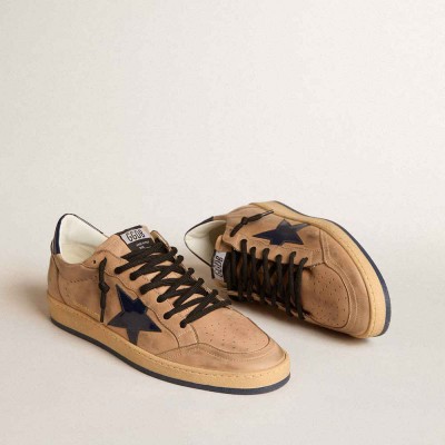 Golden Goose Ball Star Sneakers In Beige Leather With Blue Patent Leather Star And Heel Tab