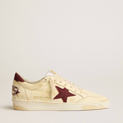 Golden Goose Ball Star Sneakers In Beige Nappa With Burgundy Mesh Star And Heel Tab