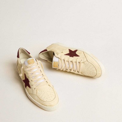 Golden Goose Ball Star Sneakers In Beige Nappa With Burgundy Mesh Star And Heel Tab