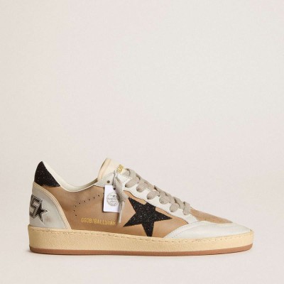 Golden Goose Ball Star Sneakers In Beige Nubuck And Nappa With Black Swarovski Crystal Star