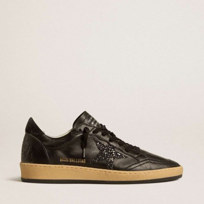 Golden Goose Ball Star Sneakers In Black Nappa With Black Glitter Star And Suede Heel Tab
