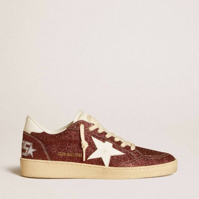 Golden Goose Ball Star Sneakers In Burgundy Glitter With White Leather Star And Heel Tab