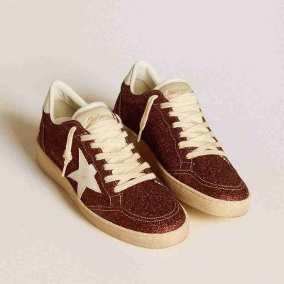 Golden Goose Ball Star Sneakers In Burgundy Glitter With White Leather Star And Heel Tab
