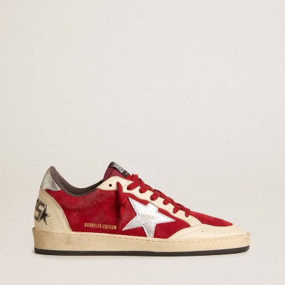 Golden Goose Ball Star Sneakers In Burgundy Suede With Silver Leather Star And Heel Tab
