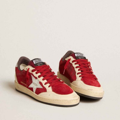 Golden Goose Ball Star Sneakers In Burgundy Suede With Silver Leather Star And Heel Tab