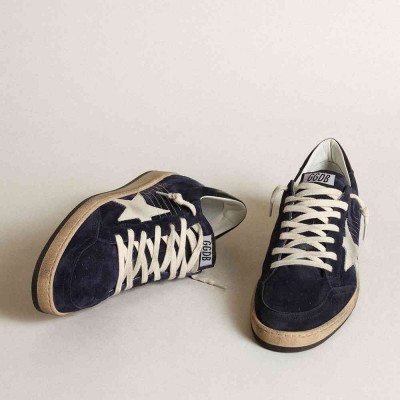 Golden Goose Ball Star Sneakers In Dark Blue Suede With White Nubuck Star