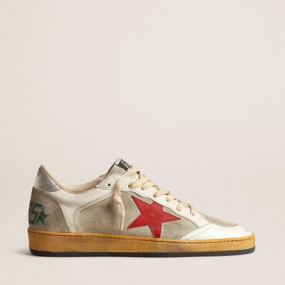 Golden Goose Ball Star Sneakers In Gray Suede With Red Star And Silver Heel Tab