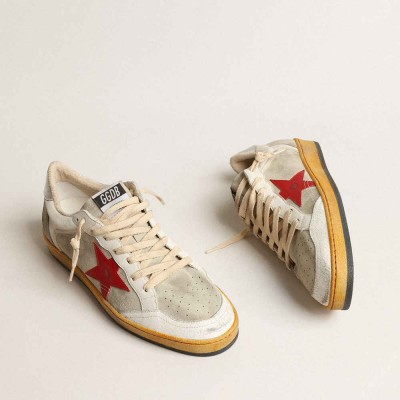 Golden Goose Ball Star Sneakers In Gray Suede With Red Star And Silver Heel Tab