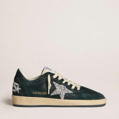 Golden Goose Ball Star Sneakers In Green Suede With Silver Glitter Star