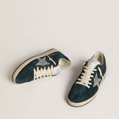 Golden Goose Ball Star Sneakers In Green Suede With Silver Glitter Star