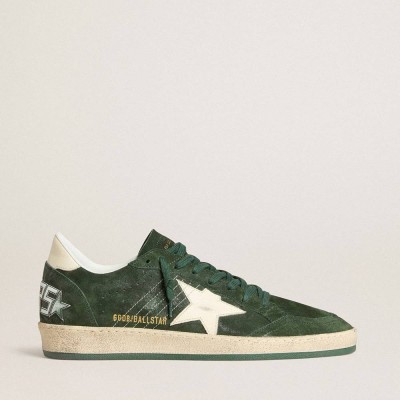Golden Goose Ball Star Sneakers In Green Suede With White Leather Star And Heel Tab