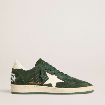 Golden Goose Ball Star Sneakers In Green Suede With White Leather Star And Heel Tab