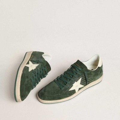 Golden Goose Ball Star Sneakers In Green Suede With White Leather Star And Heel Tab