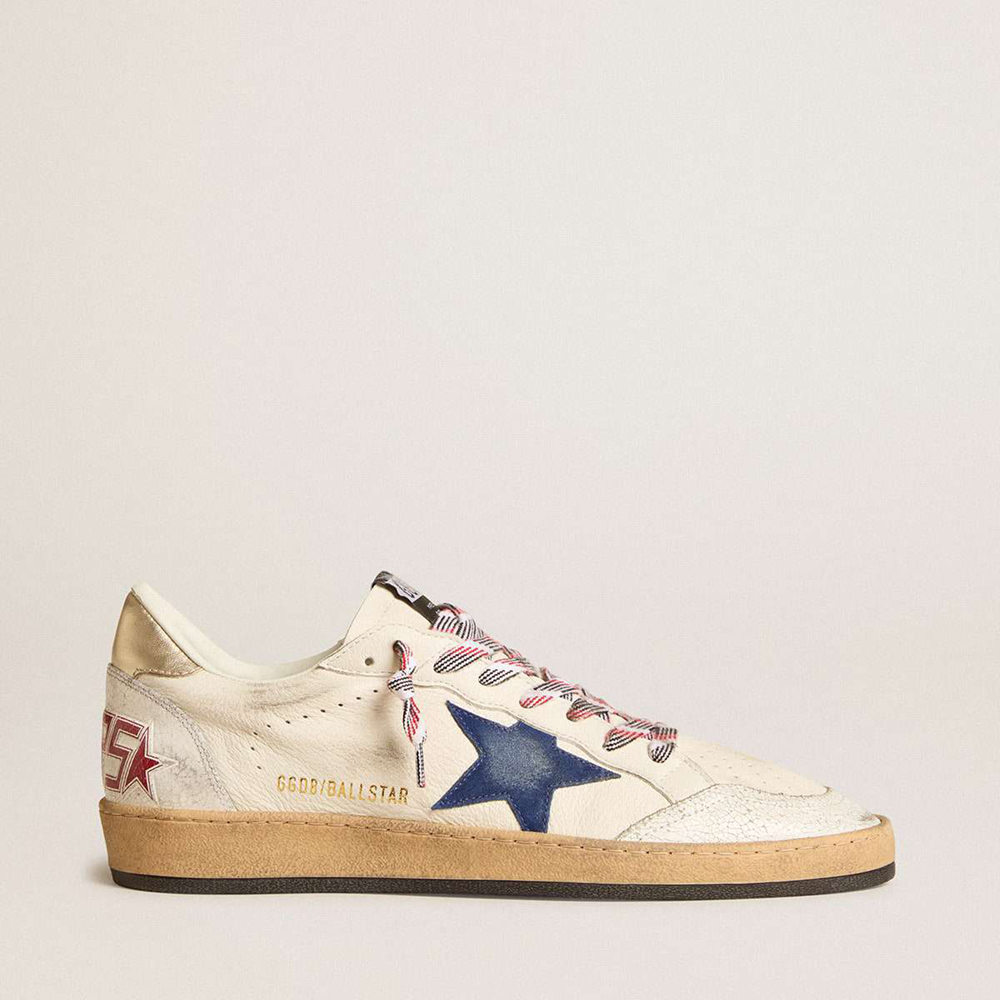 Golden Goose Ball Star Sneakers In Nappa Leather With Blue Suede Star And Platinum Leather Heel Tab