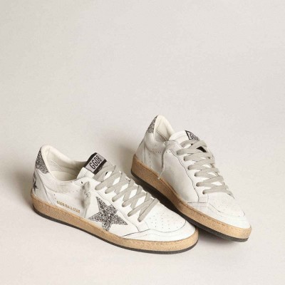 Golden Goose Ball Star Sneakers In Nappa With White Star And Glitter Heel Tab
