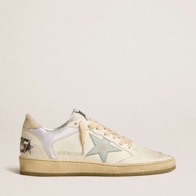 Golden Goose Ball Star Sneakers In Nylon And Leather With Pink And Light Blue Star And Beige Heel Tab