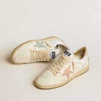Golden Goose Ball Star Sneakers In Nylon And Leather With Pink And Light Blue Star And Beige Heel Tab