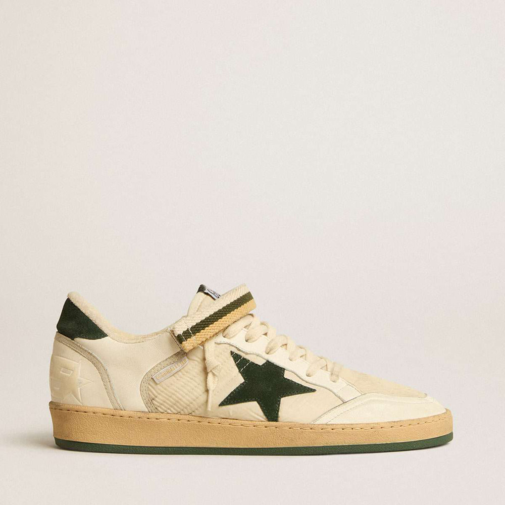 Golden Goose Ball Star Sneakers In Nylon And Nappa With Green Suede Star And Heel Tab