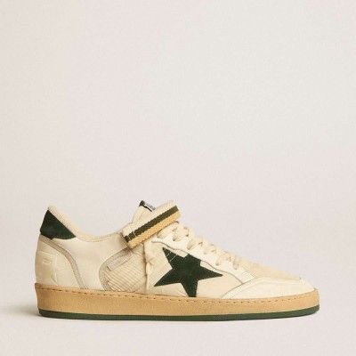 Golden Goose Ball Star Sneakers In Nylon And Nappa With Green Suede Star And Heel Tab