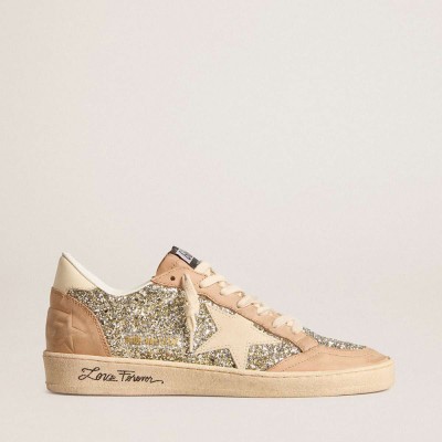 Golden Goose Ball Star Sneakers In Platinum Glitter With Cream Leather Star And Nubuck Toe