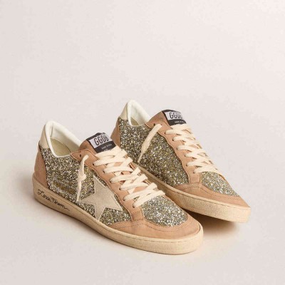Golden Goose Ball Star Sneakers In Platinum Glitter With Cream Leather Star And Nubuck Toe