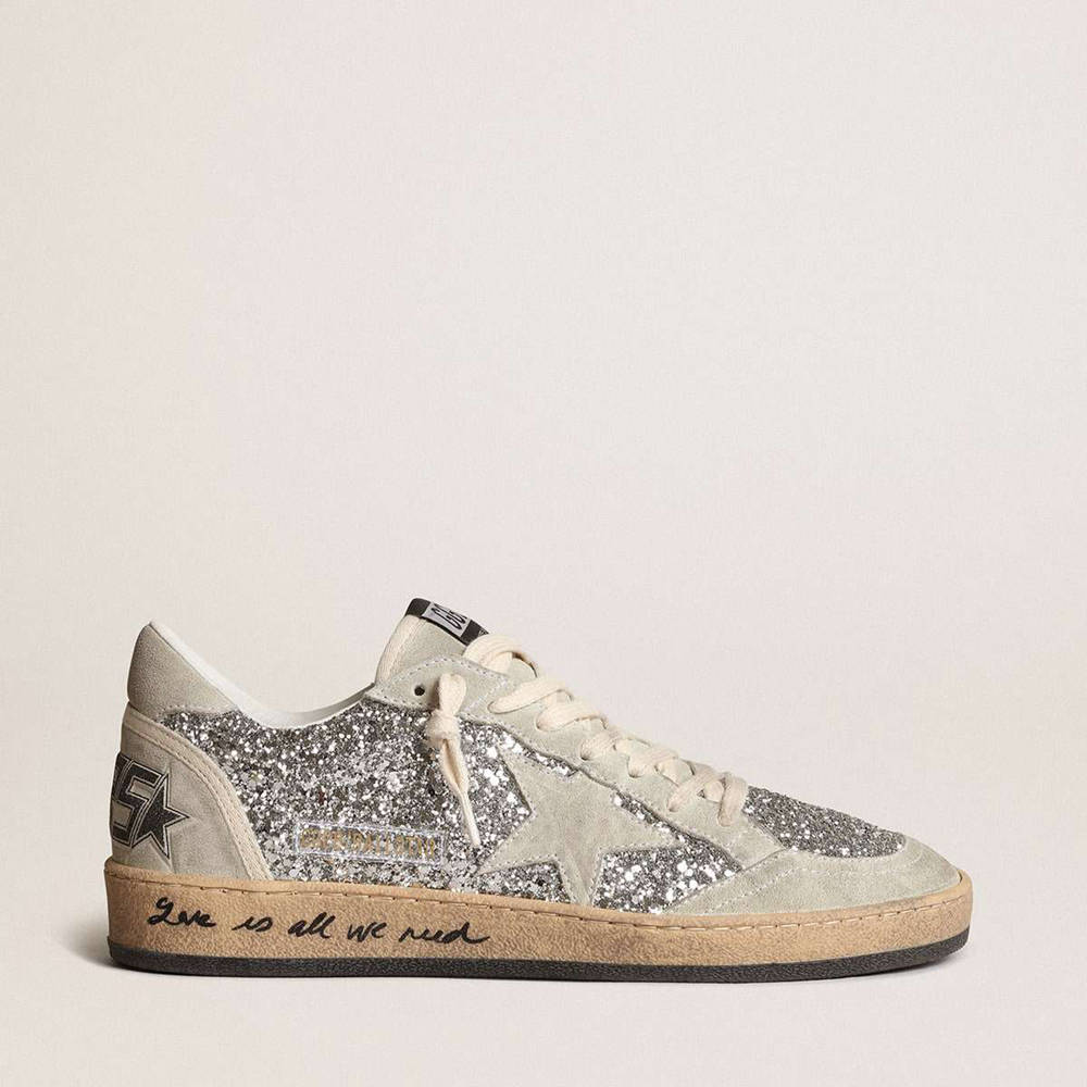 Golden Goose Ball Star Sneakers In Silver Glitter With Ice-gray Suede Inserts