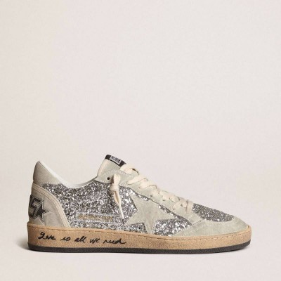 Golden Goose Ball Star Sneakers In Silver Glitter With Ice-gray Suede Inserts