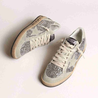 Golden Goose Ball Star Sneakers In Silver Glitter With Ice-gray Suede Inserts