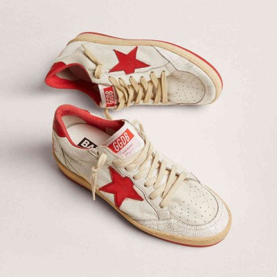 Golden Goose Ball Star Sneakers In White Leather With Red Star And Heel Tab