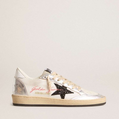 Golden Goose Ball Star Sneakers In White Mesh With Black Glitter Star And Silver Inserts
