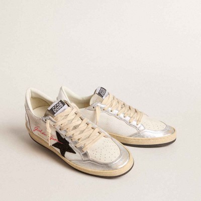 Golden Goose Ball Star Sneakers In White Mesh With Black Glitter Star And Silver Inserts