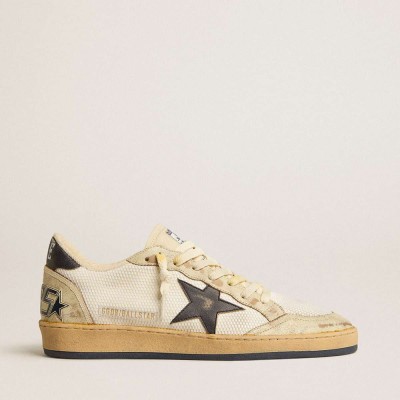 Golden Goose Ball Star Sneakers In White Mesh With Vintage Blue Leather Star And Heel Tab