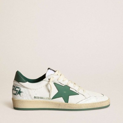 Golden Goose Ball Star Sneakers In White Nappa Leather With Green Leather Star And Heel Tab