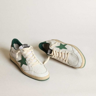 Golden Goose Ball Star Sneakers In White Nappa Leather With Green Leather Star And Heel Tab