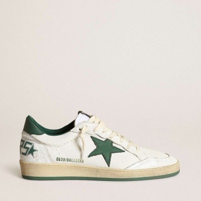 Golden Goose Ball Star Sneakers In White Nappa Leather With Green Leather Star And Heel Tab
