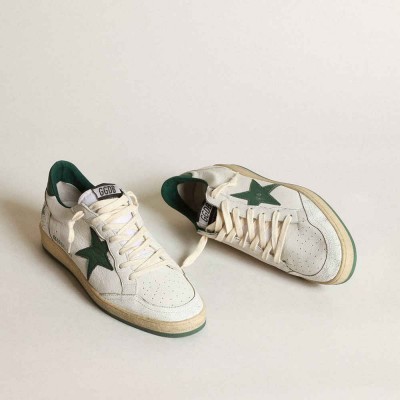 Golden Goose Ball Star Sneakers In White Nappa Leather With Green Leather Star And Heel Tab