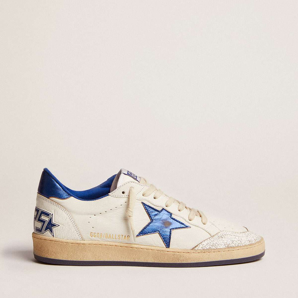 Golden Goose Ball Star Sneakers In White Nappa With Blue Star And Heel Tab