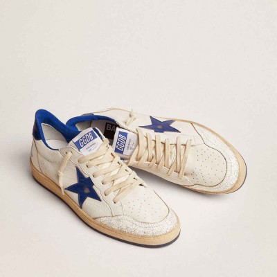 Golden Goose Ball Star Sneakers In White Nappa With Blue Star And Heel Tab