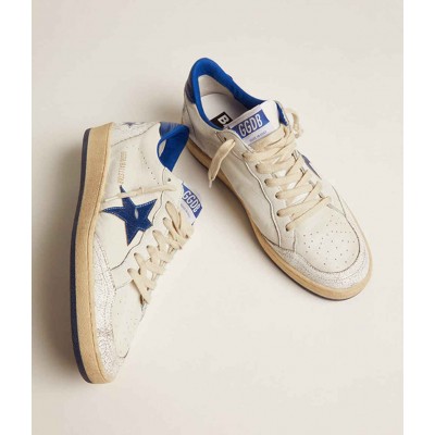 Golden Goose Ball Star Sneakers In White Nappa With Bright Blue Metallic Leather Star And Heel Tab
