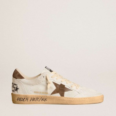Golden Goose Ball Star Sneakers In White Nubuck Leather With Brown Suede Star And Heel Tab